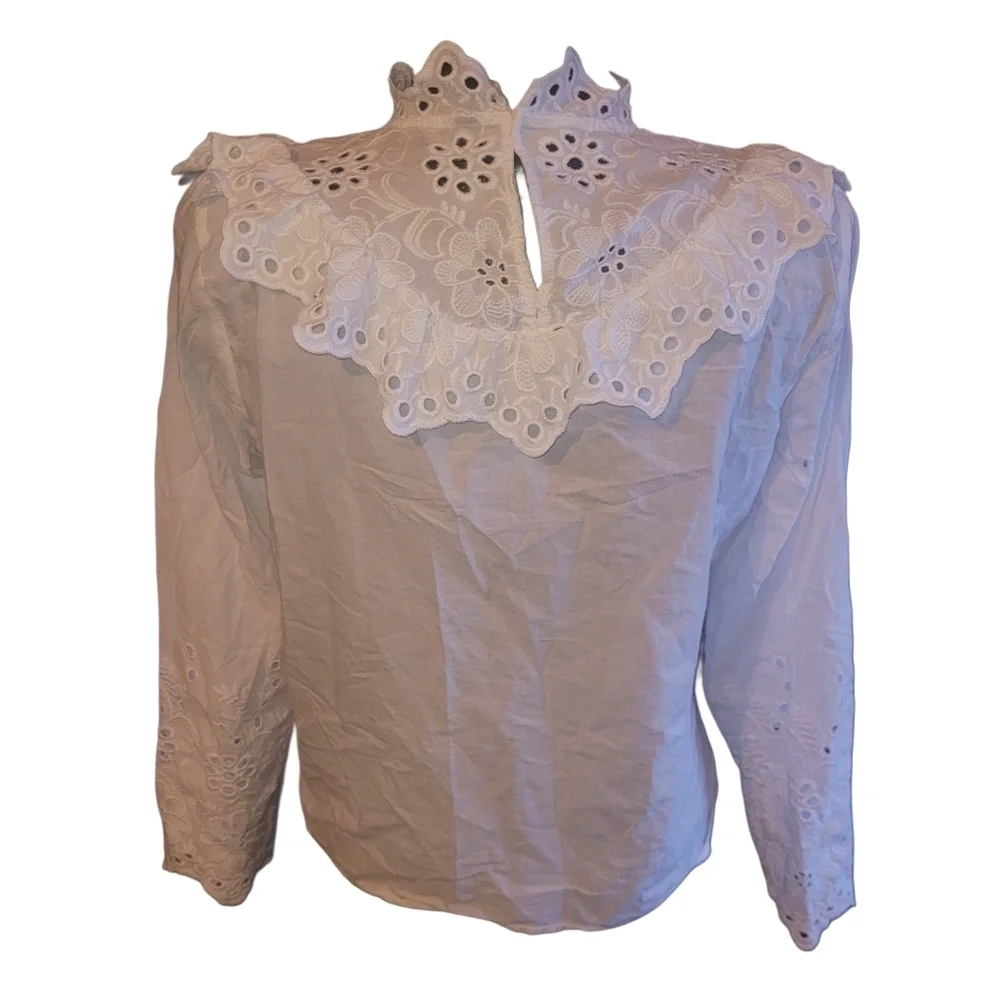Zara Basic Elegant White Embroidered  Ruffle Detail Top Size L - Picture 6 of 7